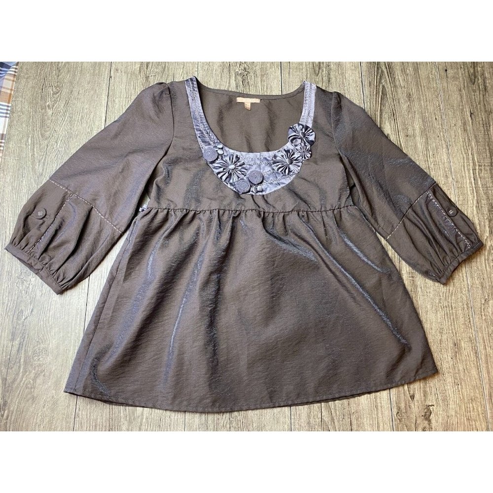 Miss Me Gray Balloon Sleeve Peasant Blouse Top Tie Waist Metallic Shine Women L